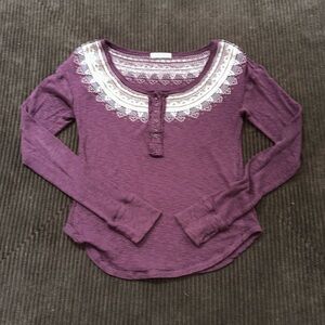 WE THE FREE Maroon Fairisle Embroidered Neck Long Sleeve Thermal Henley Medium